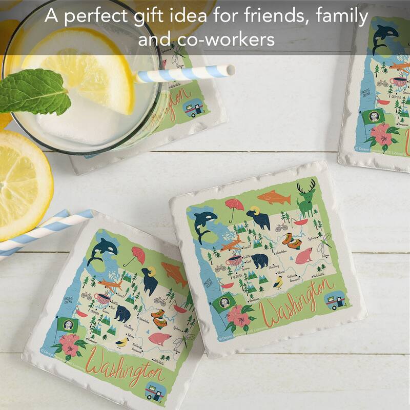 Washington Home 4-Pack Absorbent Stone Coasters with Protective Cork Backing 4" Square Made in The USA Easily Wipes Clean