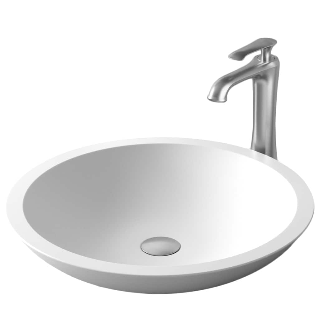 Karran Quattro Matte White Acrylic 19 in. Round Bathroom Vessel Sink with Faucet and drain in Stainless Steel