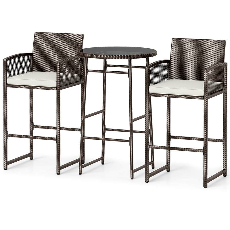 Costway 3 Piece Wicker Patio Bar Set with 2 Seat Cushions Glass - See Details