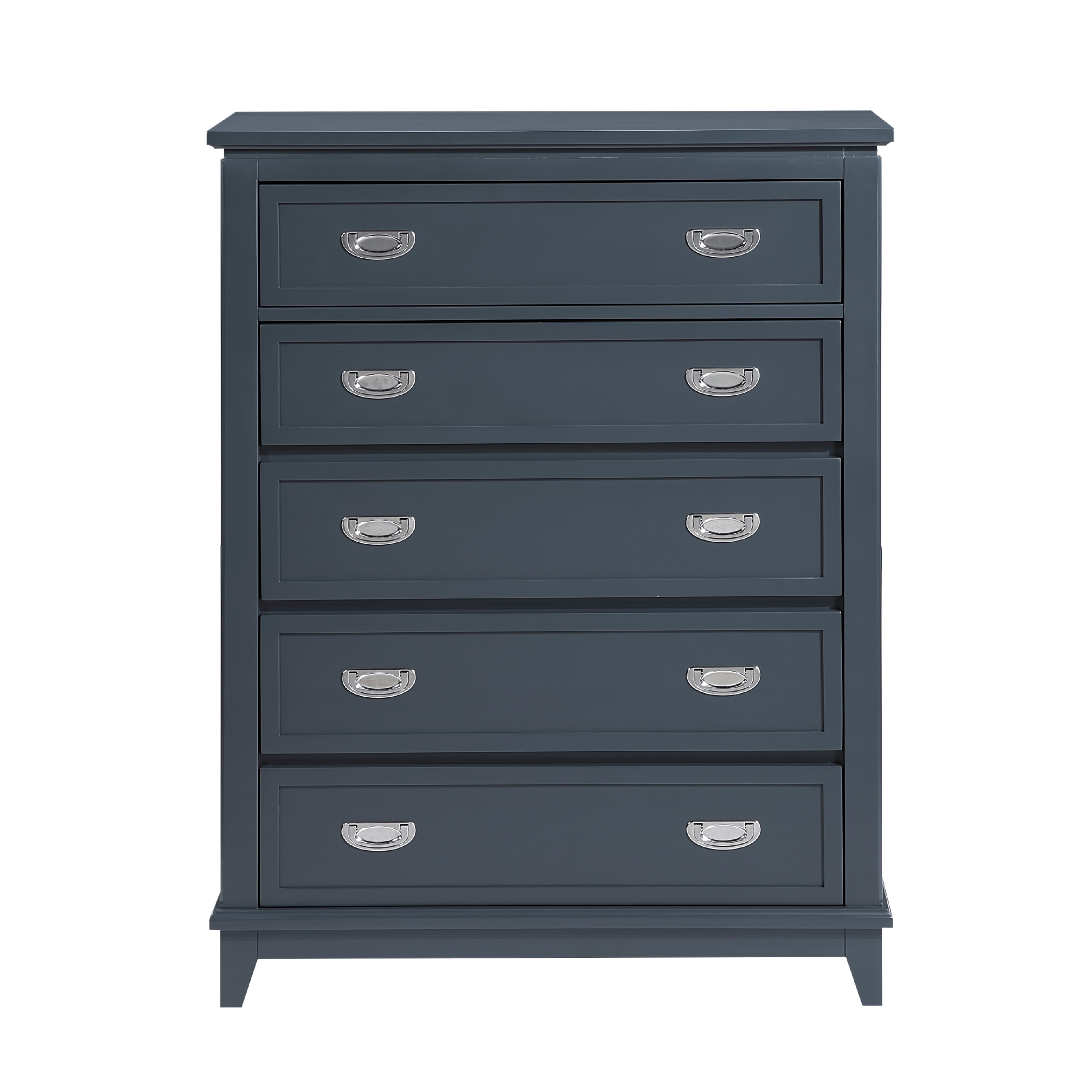 blue tall dresser Sely Chest, 5 Drawers, Navy Wood Nickel Ring Handles Sleek metal horizontal handles with side mop base legs Simmenfort 5-Drawer Chest Navy Blue