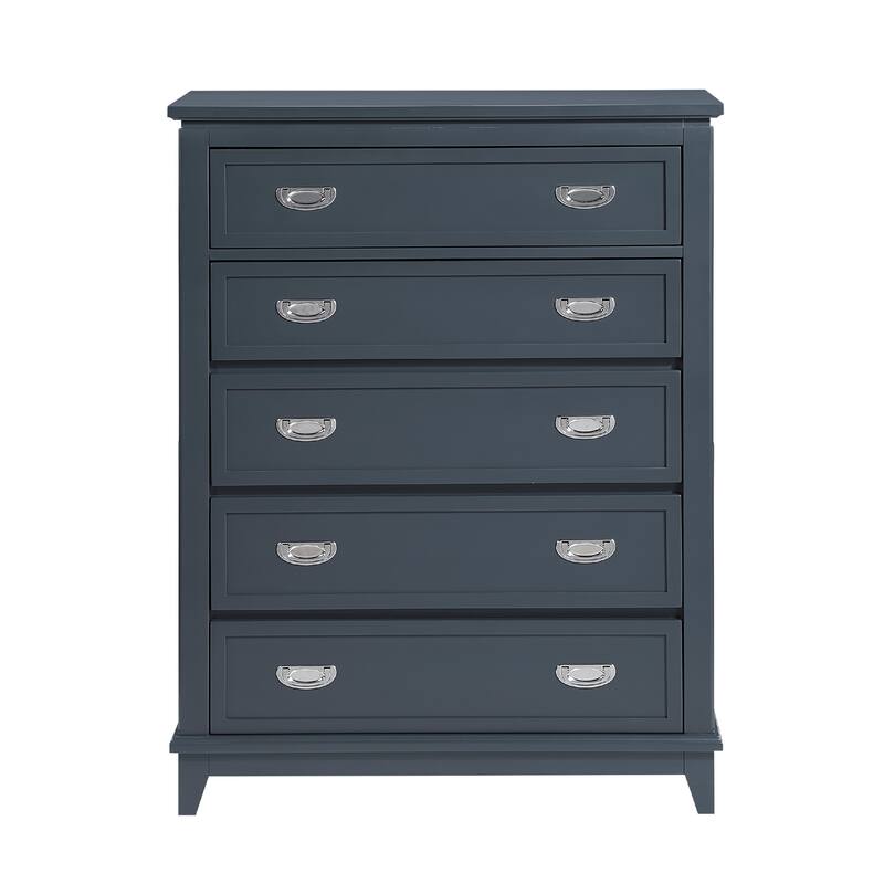 Sely Tall Dresser Chest, 5 Drawers, Navy Blue Wood Nickel Ring Handles
