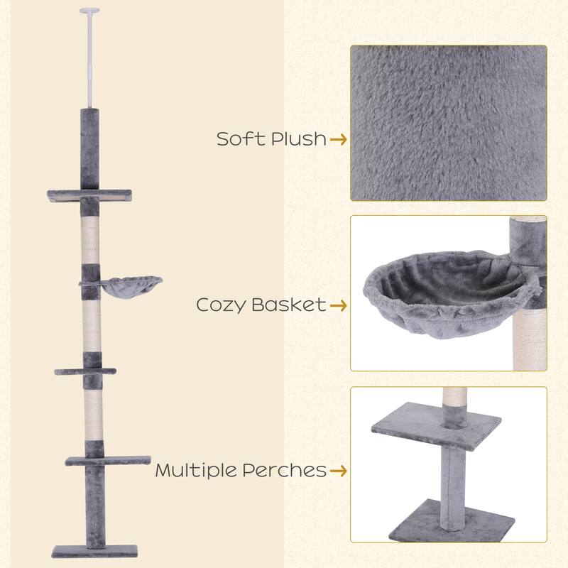 9' Adjustable Height Floor-To-Ceiling Vertical Cat Tree - Grey and White - Gray