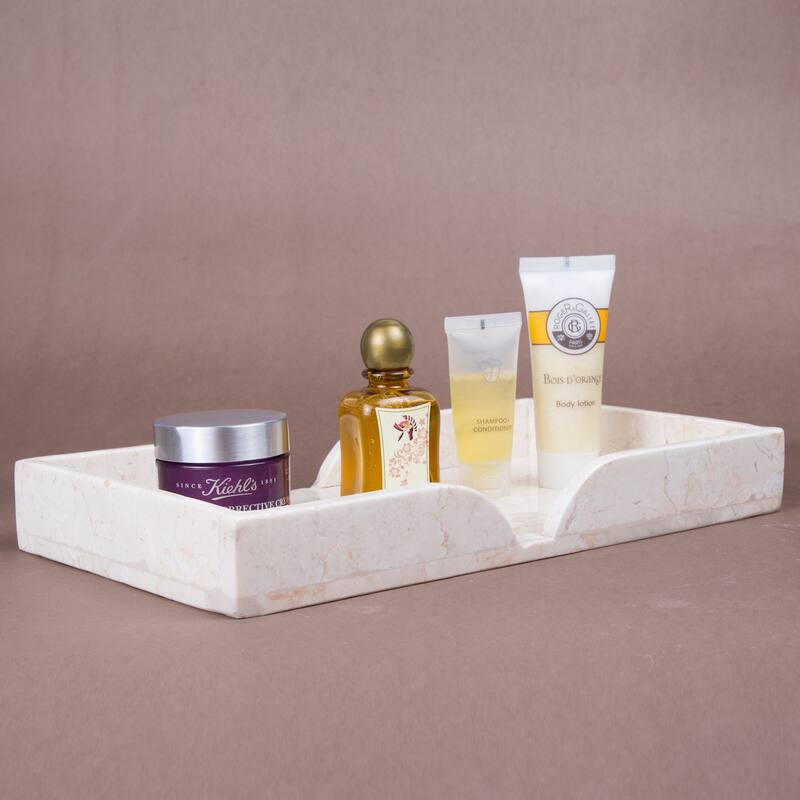 Creative Home Champagne Marble Scalloped Vanity Tray, Bath Towel Organizer Tray, Bathroom Accessory Organizer - Beige