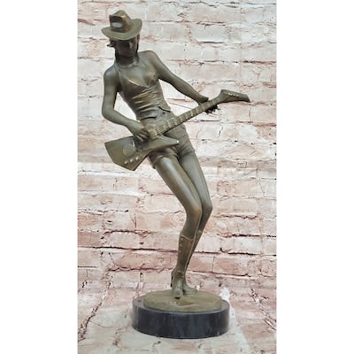 Rock And Roll Girl Guitarist Bronze Sculpture On Base
