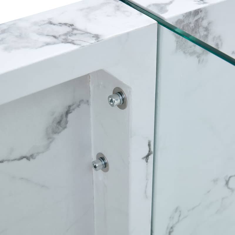 Roomfitters White Marble MDF Coffee Table with Tempered Glass Legs, Side or Display Table for Modern Living Room