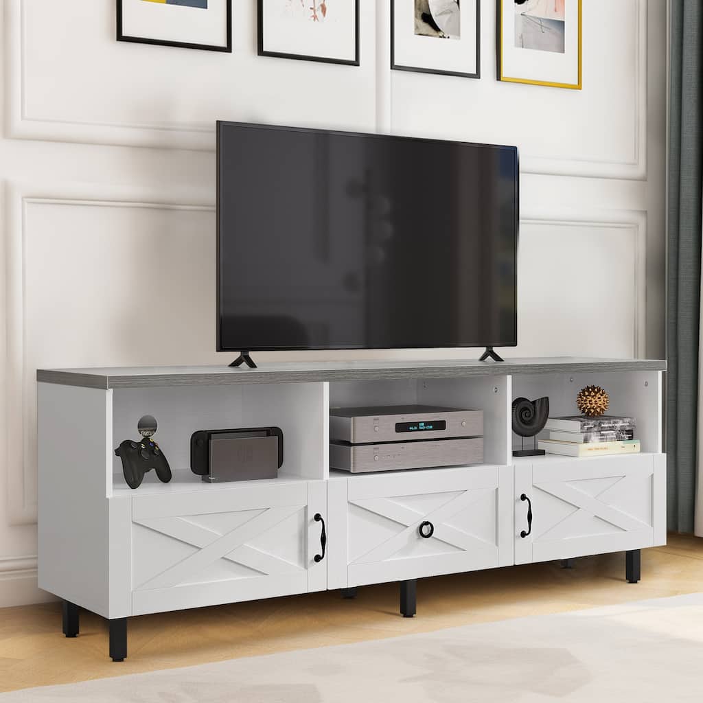 Moasis Farmhouse TV Stand for TVs up to 70" w/ Storage Shelves, Entertainment Center Media Console with Drawer