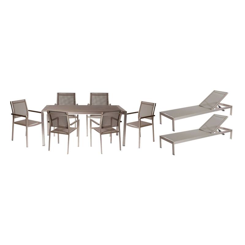 Kris 9 Piece Patio Dining and Lounge Set, Gray Textilene Seating, Aluminum - Brown