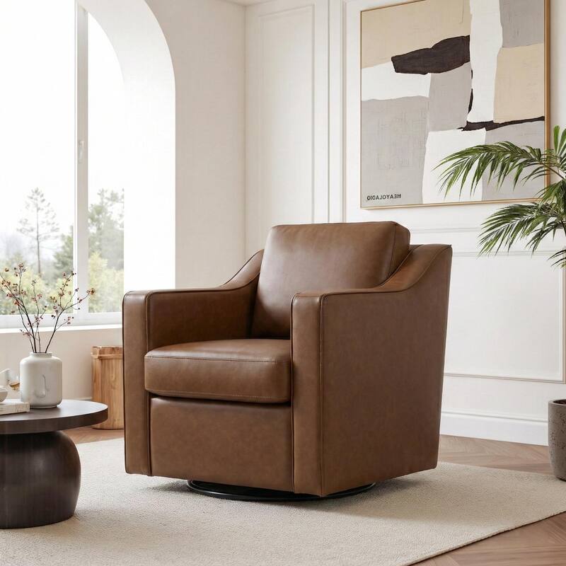 UIXE Chenille/Leather Swivel Barrel Chair Accent Chairs For Living Room