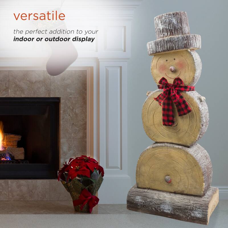 Alpine Corporation 46"H Indoor/Outdoor Christmas Snowman Statue Holiday Decoration with Wood Texture - Brown