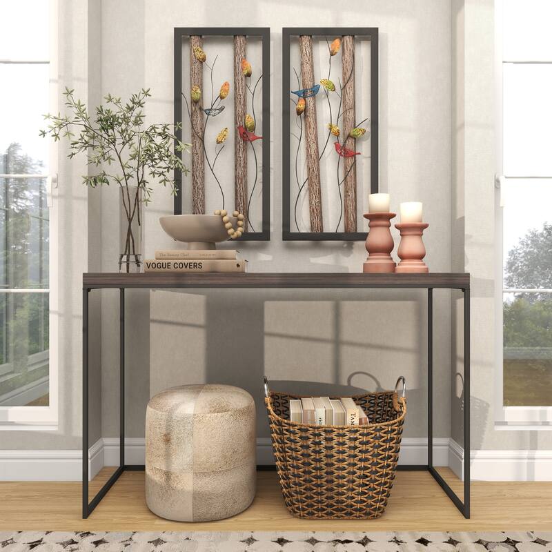 Black Metal Bird Wall Decor with Tree Branches and Colorful Leaves