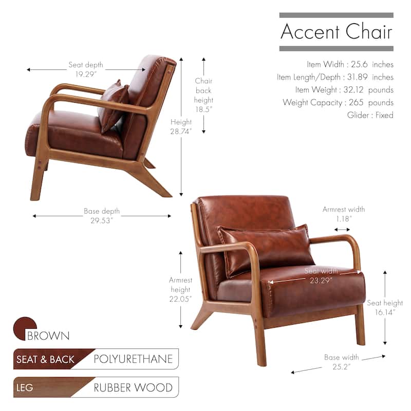 Porthos Home Joa Accent Chair with Pillow, PU Upholstery, Rubberwood Legs