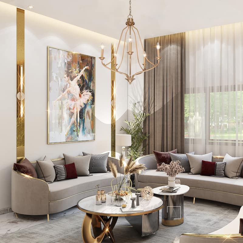 Modern Glam Gold 5-light Empire Wheel Chandelier Candle Ceiling Lighting for Foyer, Stairs - D24" x H89"