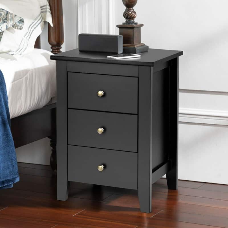 Black Bedside Table with 3 Drawers and Open Shelf Compact Storage Cabinet for Bedroom