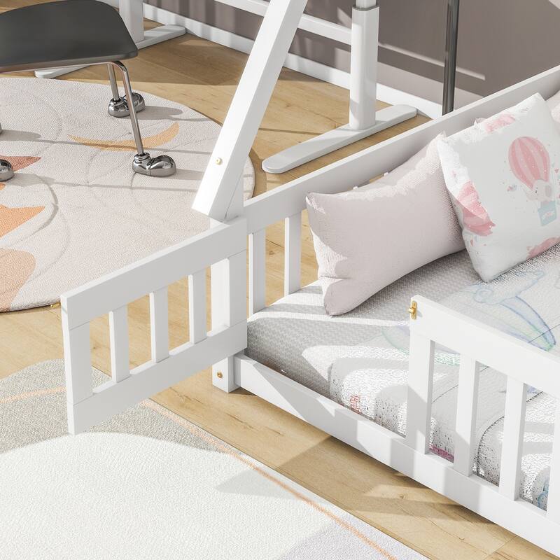 Tent-Shaped Full Bed with Guardrails and Door, Floor Bed Design for Kids