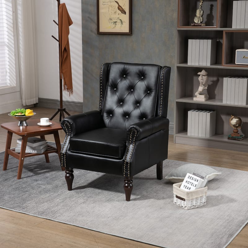 Upholstered PU Leather Accent Chair,Mid Century Button Tufted High Back Arm Chair with Armrest and Solid Wood Legs - Black