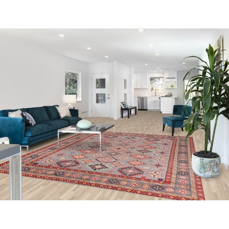 Hand Knotted Oriental 100% Wool Carpet Traditional All-Over Greys & Charcoal Kazak Area Rug - 9' 6'' X 8' 3''
