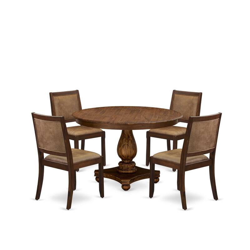 East West Furniture Dining set- A Round Table and stackable Modern chairs, Antique Walnut (Pieces & Seat Type Options) - F2X25-0N-28