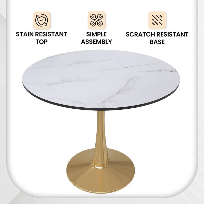 LeisureMod Bristol 35" Round Dining Table for 4 with MDF Tabletop in Gold Steel Base for Kitchen & Dining Room