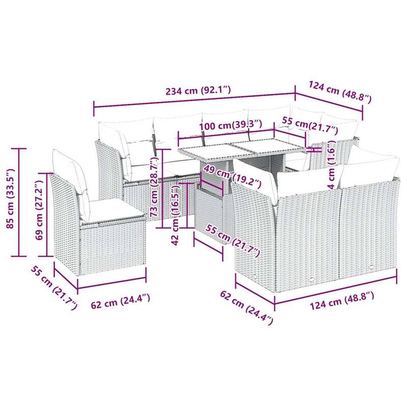 vidaXL Patio Sofa Set with Cushions Modular Outdoor Seating 9 Piece Poly Rattan - 24.4 x 24.4 x 27.2