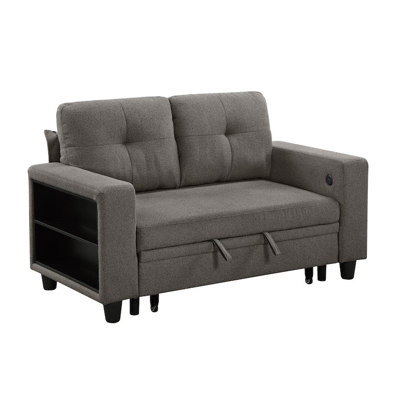 Hazel 56.5" Boucle 2-Seater Loveseat - Pull-out Bed, Shelves, USB Port - Dark Brown (Boucle)