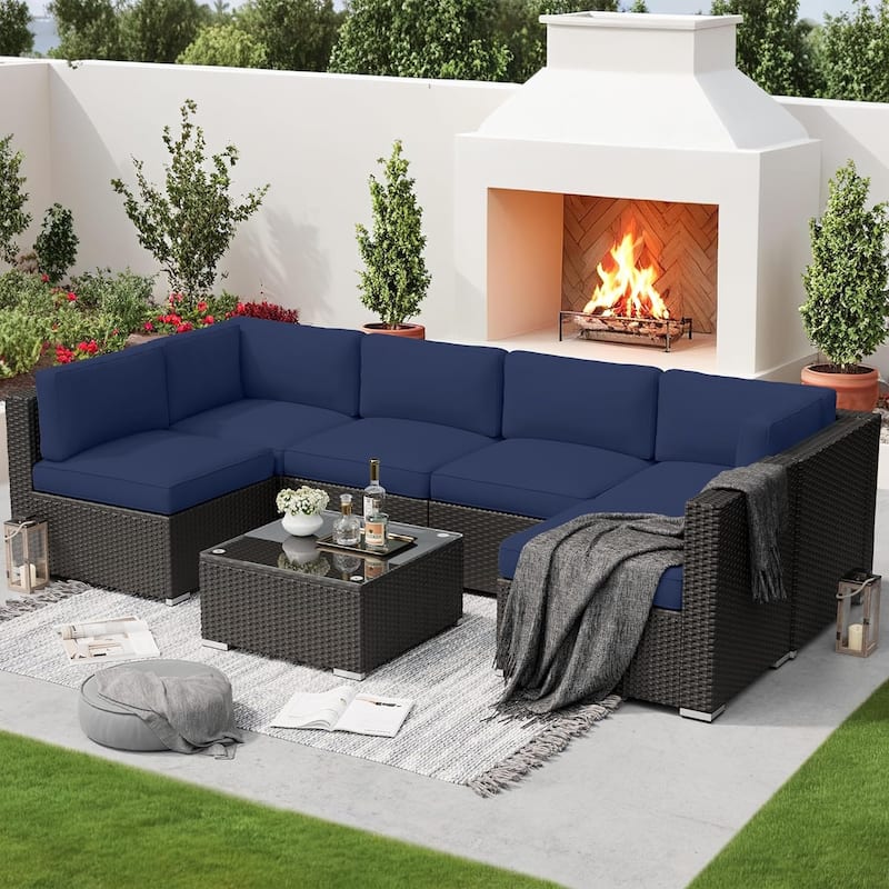 7-piece Outdoor Patio Black Wicker Rattan Cushioned Sectional Sofa Conversation Set by Havenside Home