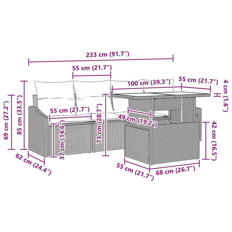 vidaXL 5 Piece Garden Sofa Set with Cushions - 91.7×24.4×27.2