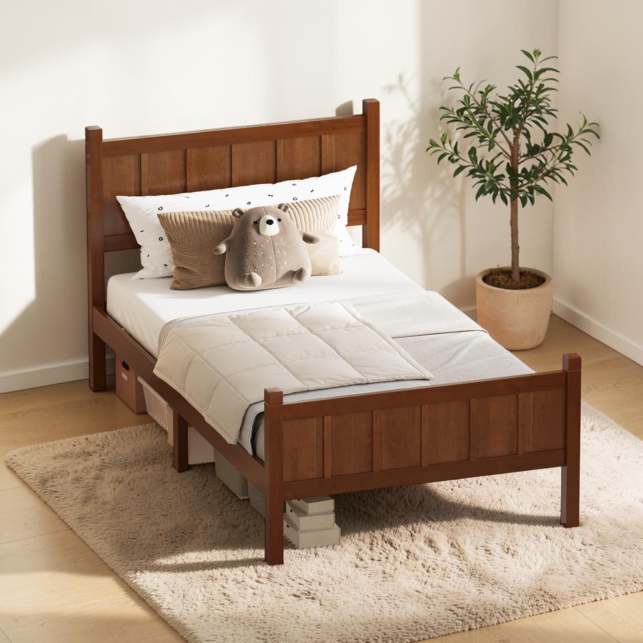 Modern Platform Bed with Headboard and Footboard, Wood Grain Flat Panel Bed Frame, Shaker Farmhouse Style