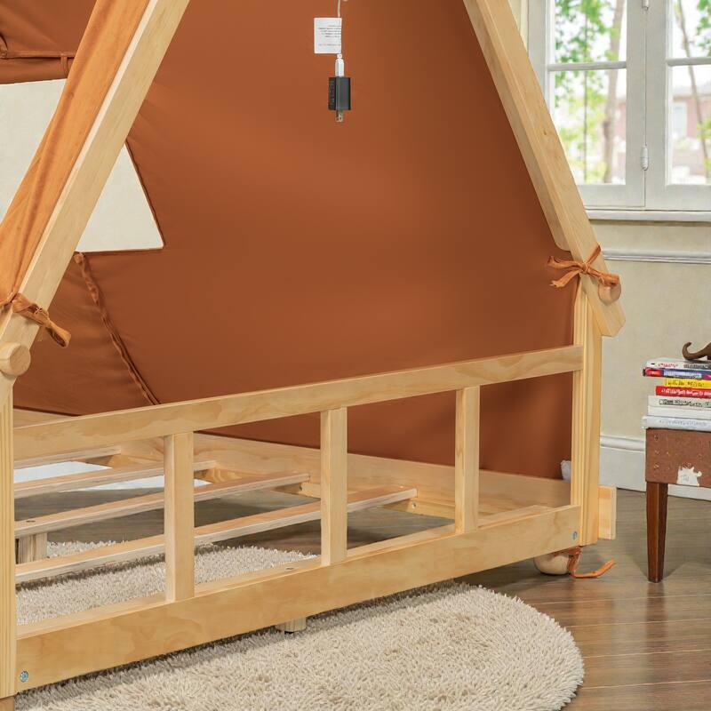 Twin/Full House Bed with Detachable Tent and Skylight, Kids Cabin Bed with Canopy, Light, and Forest-Themed Accents