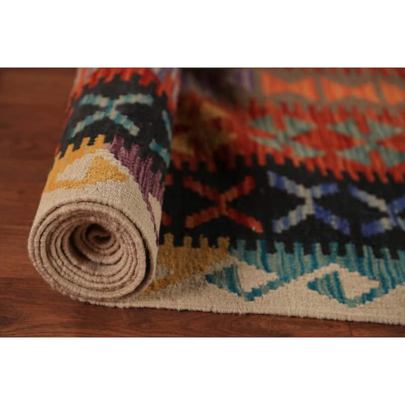 South Western Style Kilim Oriental Rug Hand-Woven Orange Wool Carpet - 8'0"x 11'4"