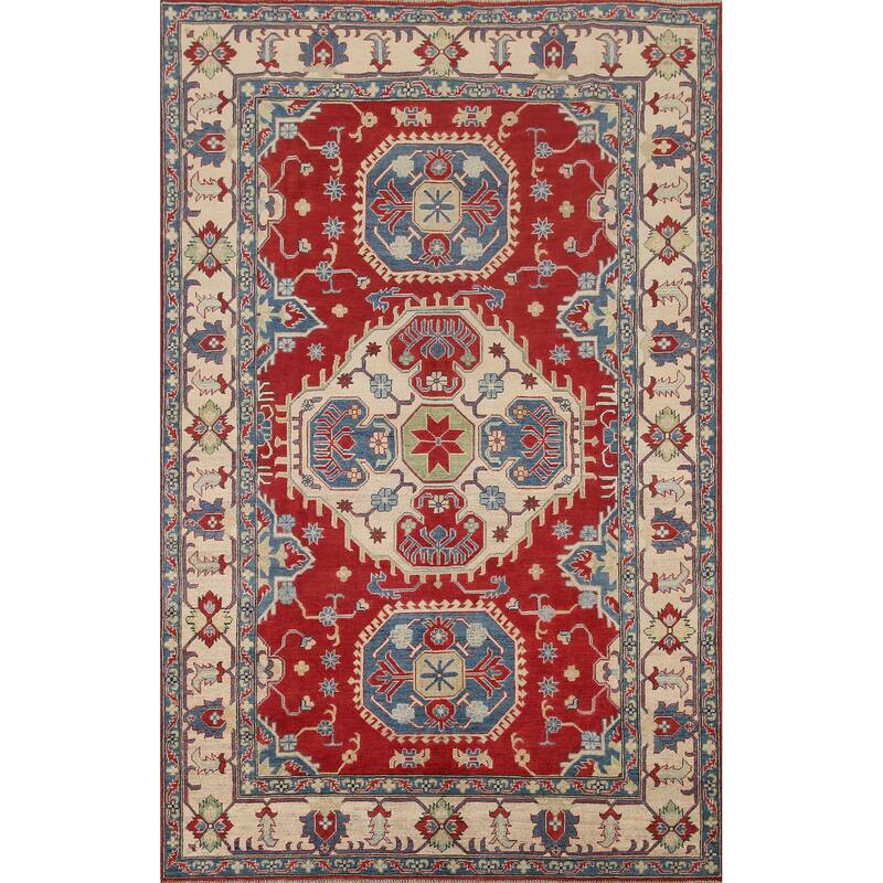 Hand Knotted Oriental 100% Wool Carpet Traditional Geometric Red Kazak Area Rug - 9' 7'' X 6' 7''