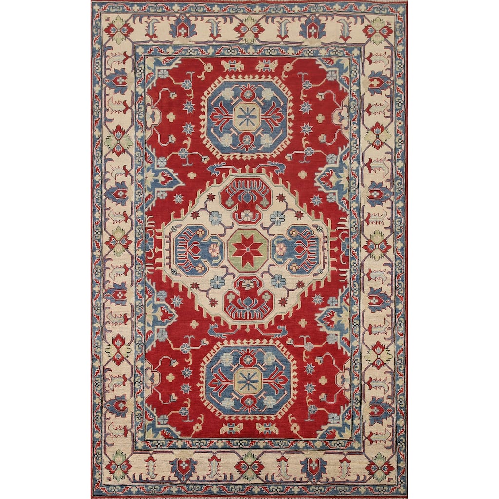Hand Knotted Oriental 100% Wool Carpet Traditional Geometric Red Kazak Area Rug - 9' 7'' X 6' 7''