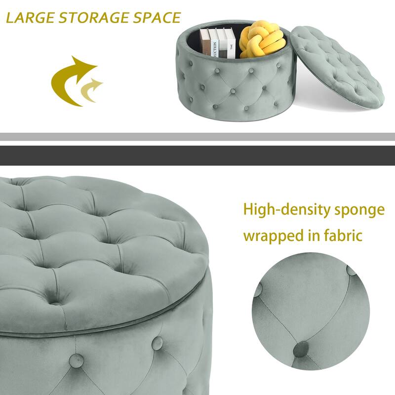 Adeco Round Velvet Button Tufted Storage Ottoman Footrest Footstool
