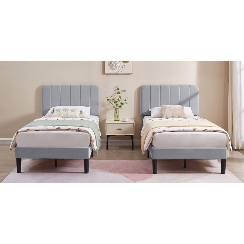 Kids Bed Frame, Height Adjustable Upholstered Bed, Twin Size Bed Set of 2 - Light Grey - Set of 2
