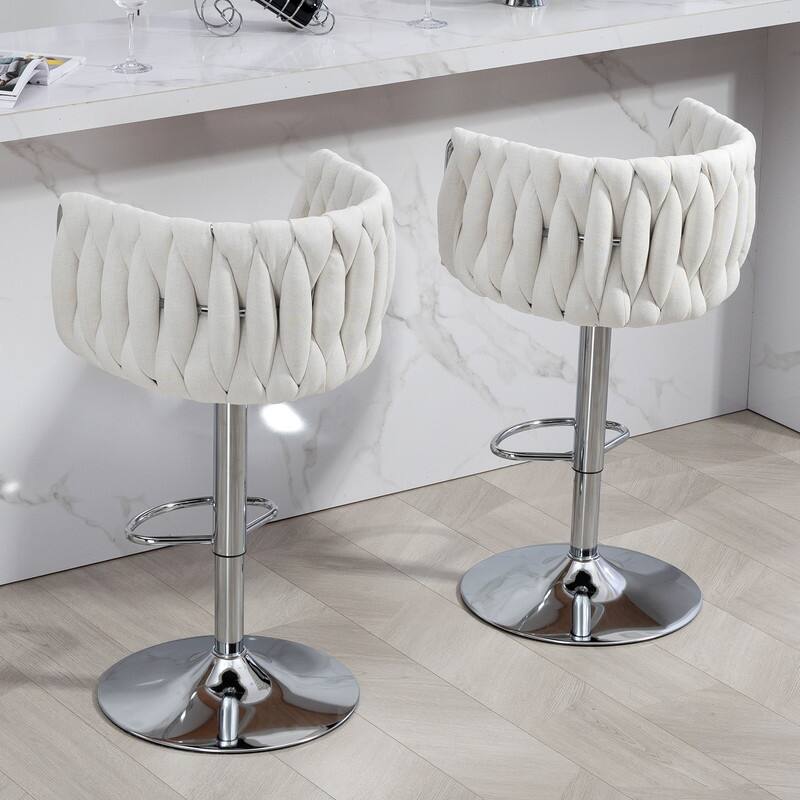 360°Velvet Swivel Bar Stools with Woven Back & Footrest,2PCS