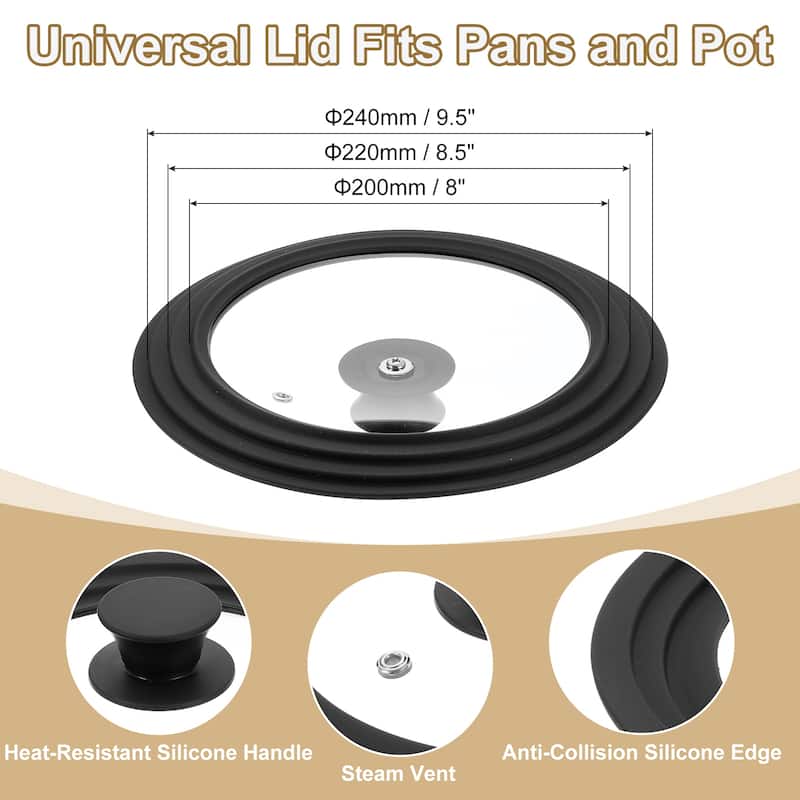 1 Pcs Universal Lid for Pot Pans Cookware - Black - Fit 8, 8.5, 9.5 Inch