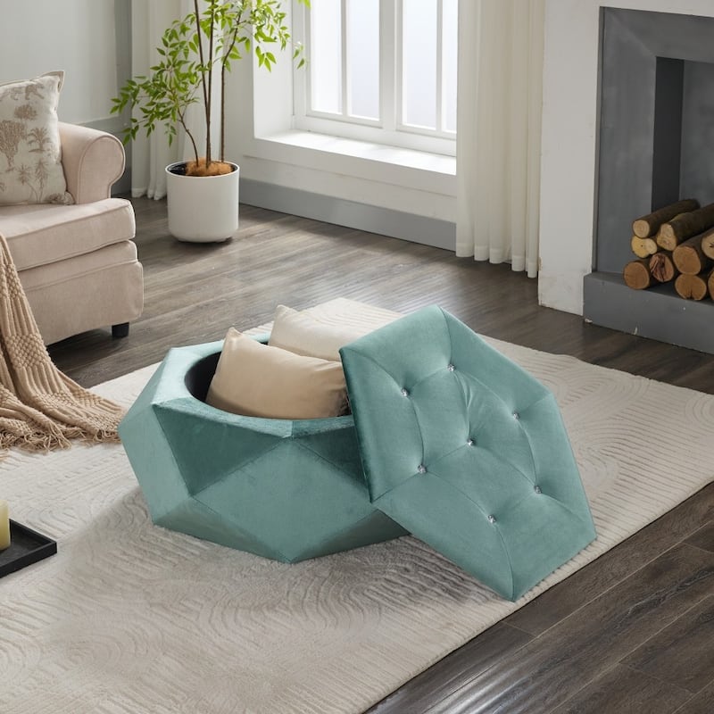 Modern Elegant Velvet Diamond Tufted Storage Ottoman for Living Room - Blue