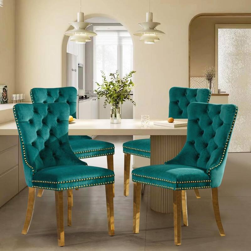 Tufted Naliheads Solid Wood Upholstered Dining Chairs (Set of 4) - Green GoldLegs
