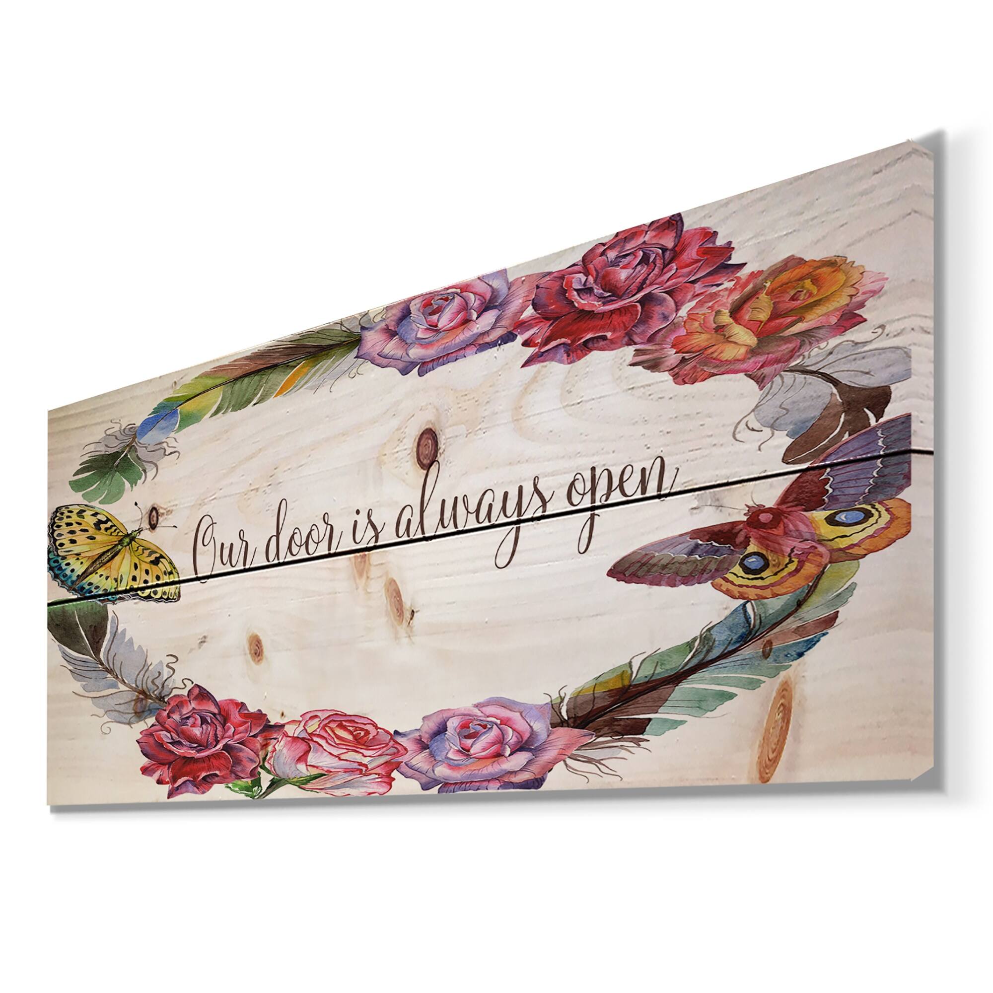 Designart 'Our door is always open. Floral' Textual Entrance Art on
