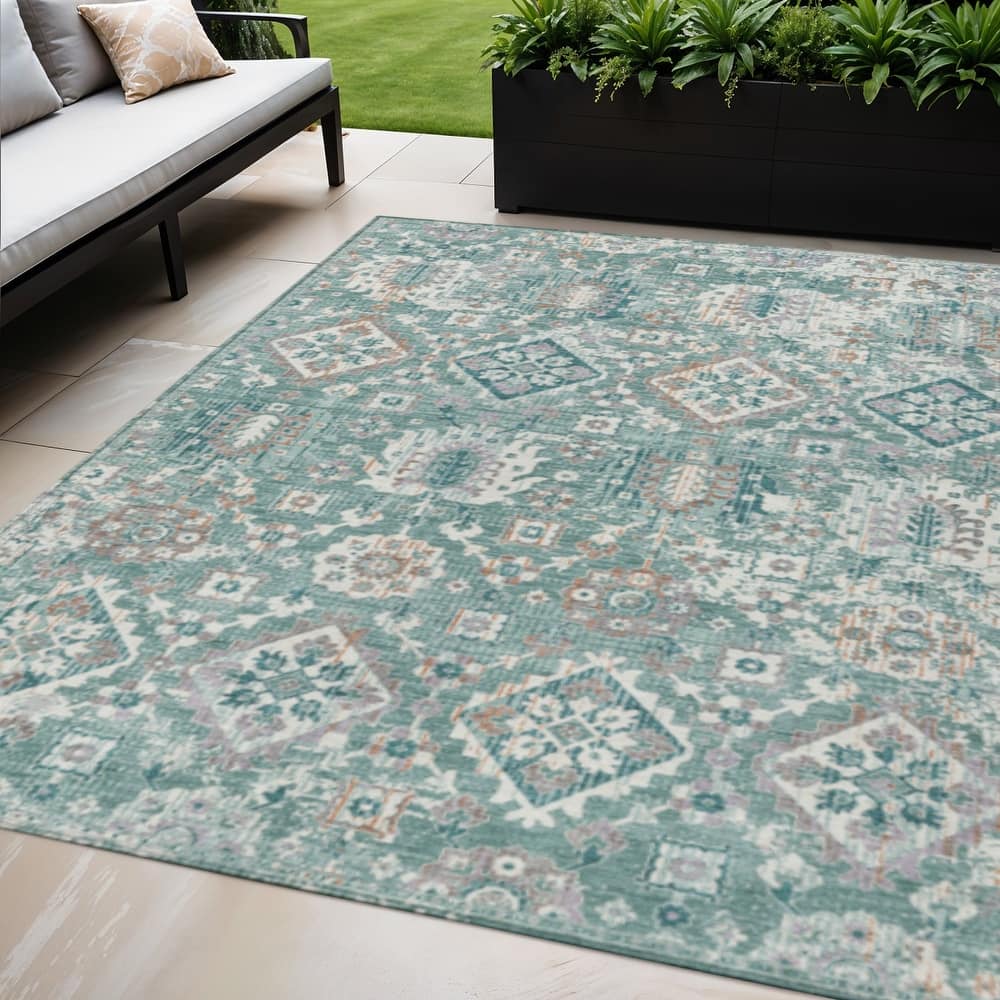 HomeRoots Floral Medallion Traditional Rectangle Outdoor Rug