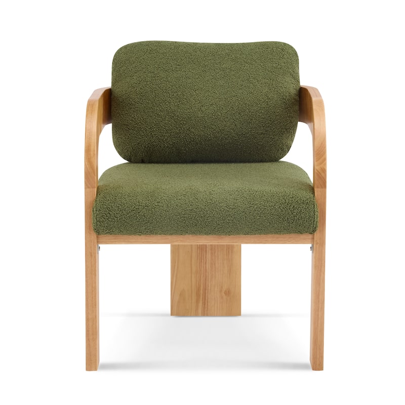 2-Pack Dining Chairs with Pillow Back, Green Boucle Fabric, Natural Color Solid Wood Frame