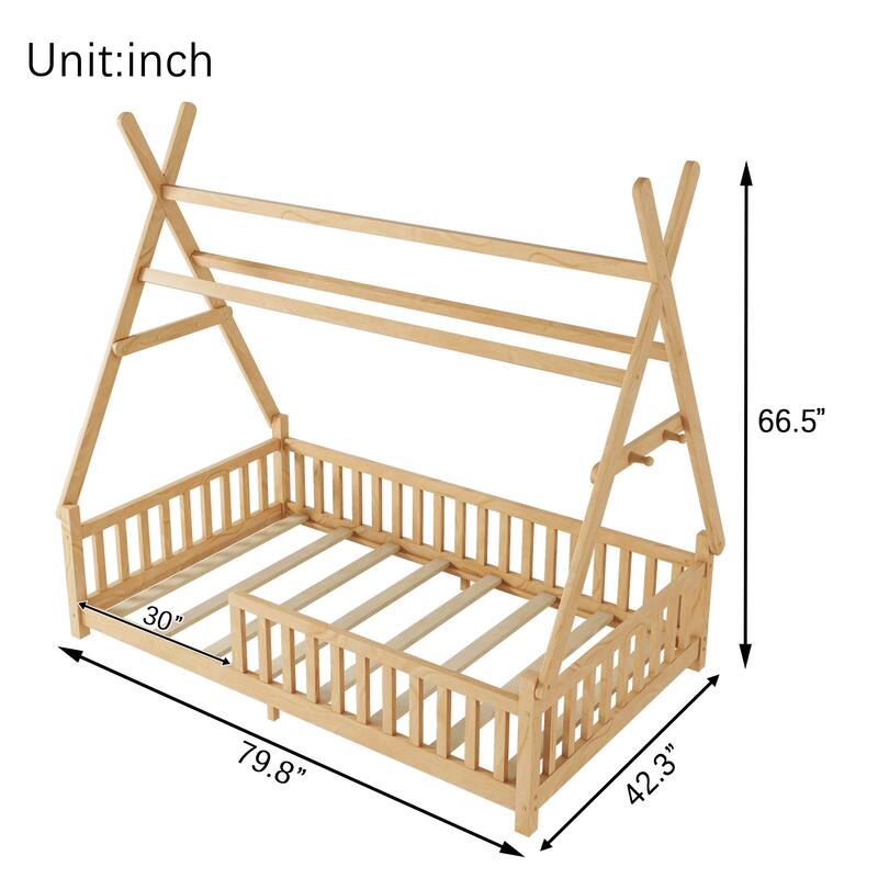 Wood Low Floor House Bed with Fence and LED Light Roof, Creativity Bed Tent Design for Kids Boys Girls No Box Spring Needed
