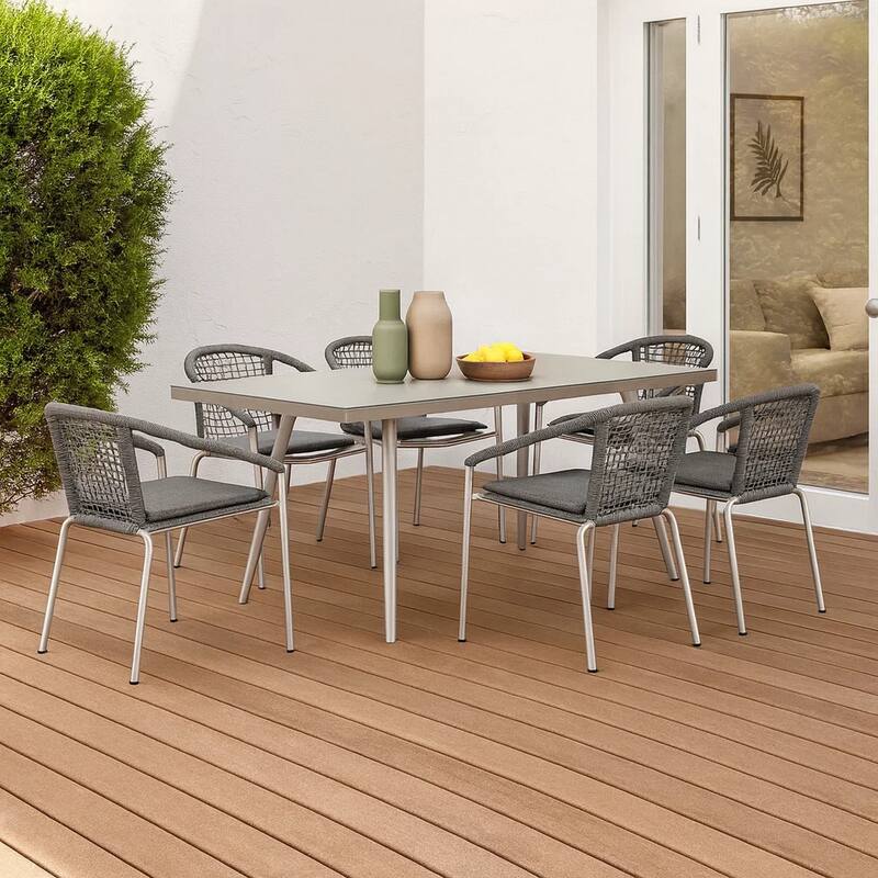 Phil 7 Piece Dining Set, Slate Gray Woven Rope, Sturdy Aluminum Frames