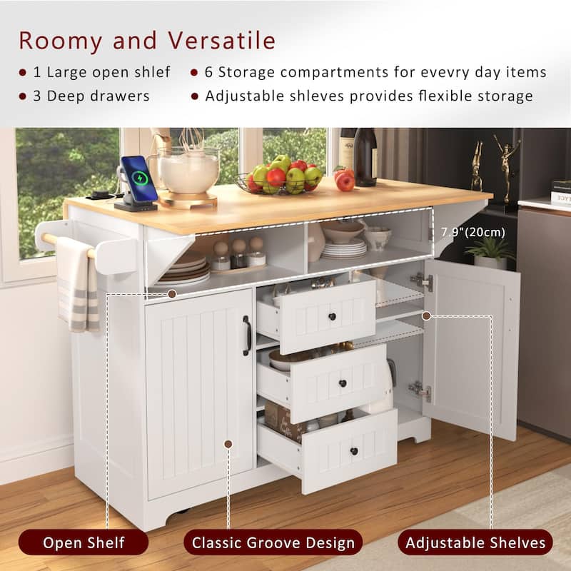 55.7''Kitchen Island,2 Drop Leaf,Rolling Kitchen Cart on 5 Wheels,Power Outlet,Folding Dining Table,Spice & Towel Rack,3 Drawers