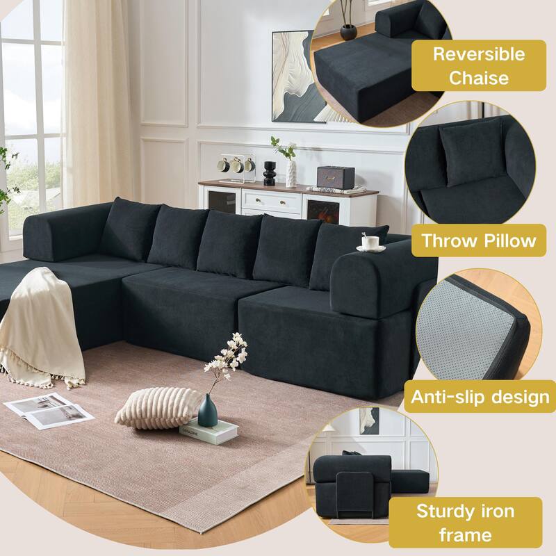 Modular Sectional Sofa with L-Shape Chaise Lounge, Velvet Boneless Cloud Couch, Compressed Sofa with 5 Pillows