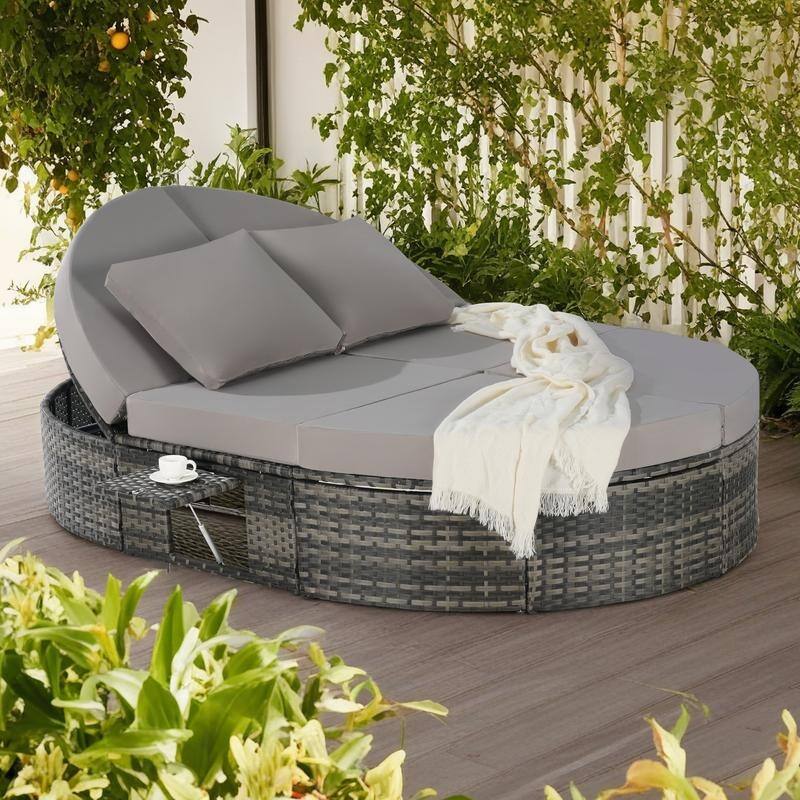 Outdoor Patio Rattan Round Daybed Sunbed with Adjustable Backrests and Foldable Cup Trays - Light Gray