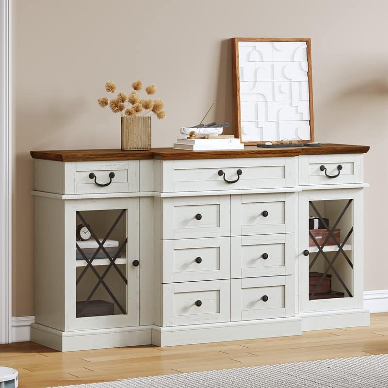 Moasis Farmhouse 59" TV Stands with 9 Drawers and Adjustable Shelves & Tempered Glass Doors - White