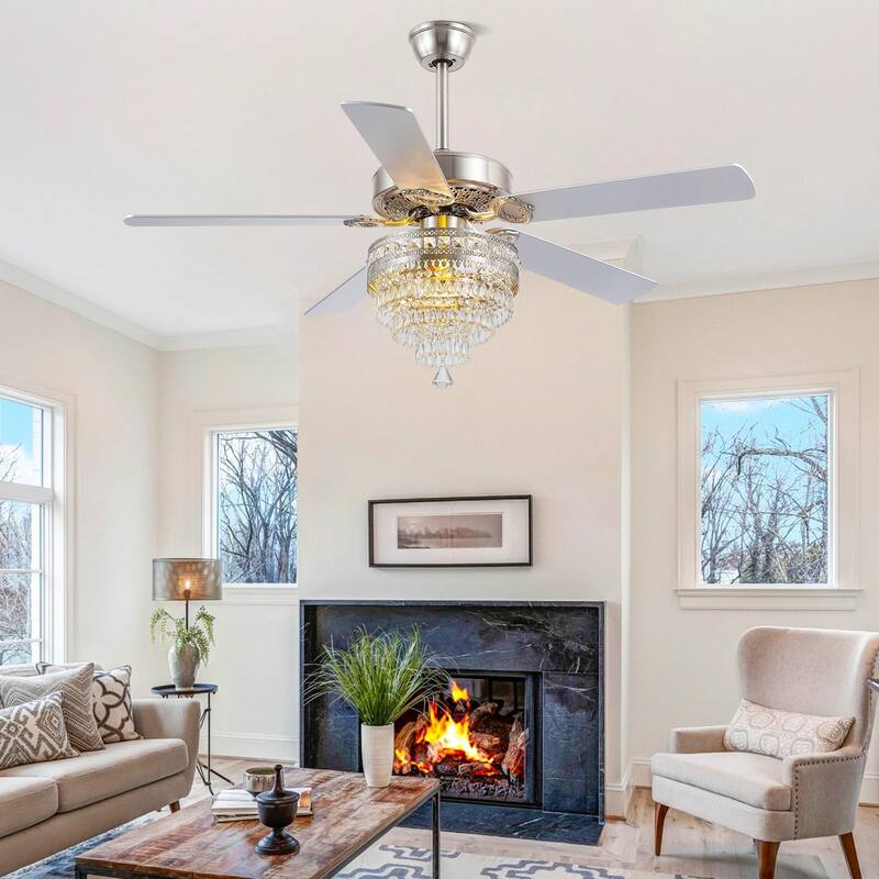 52 Inches Crystal Ceiling Fan Light,APP and Remote Control,5 Dual Side Plywood Blades,Reversible AC Motor - 52 Inches