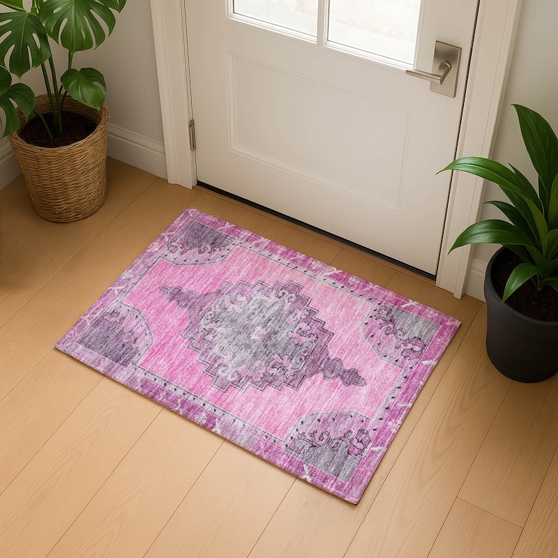 Premium Washable Super Soft Vintage Traditional Mayfield Rug - Pink - 1'8" x 2'6"