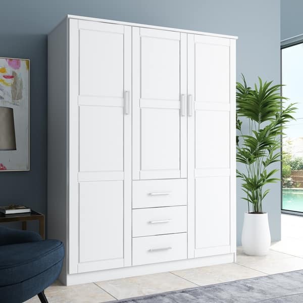 slide 2 of 40, Palace Imports 100% Solid Wood Cosmo 3-Door Wardrobe Armoire with Solid Wood or Mirrored Doors White-Raised Panel
