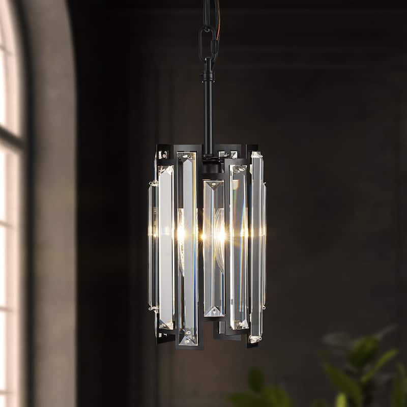 1-Light Modern Glam Black/Gold Cylinder Crystal Pendant Kitchen Island Light - Black